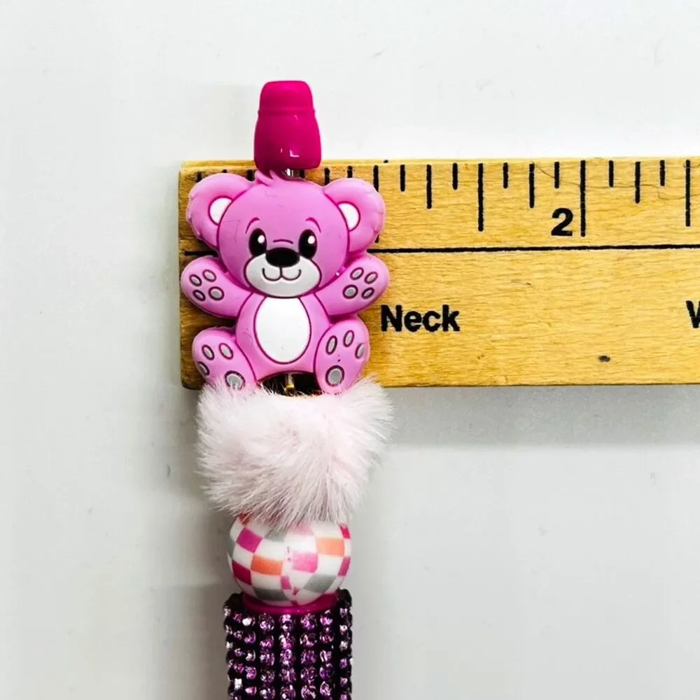 Unique Handmade Cute Hot Pink Crystal Furry Teddy Bear Beaded Pen
